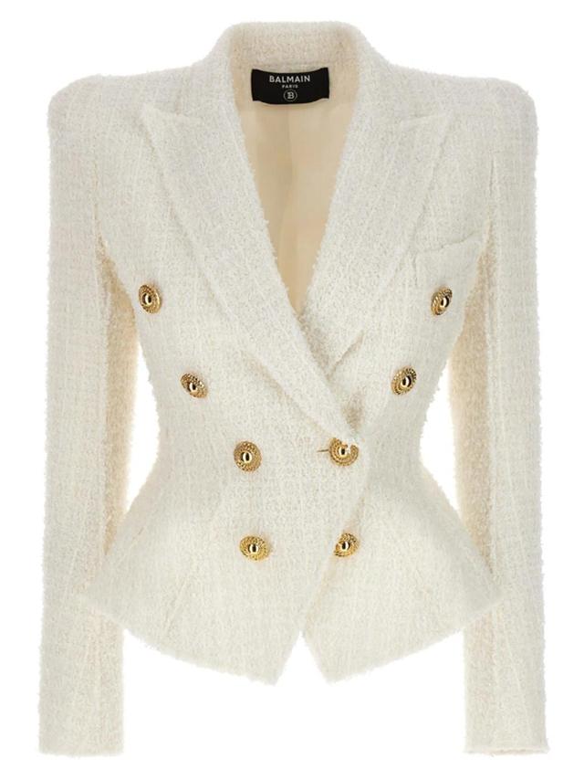 Double-breasted Tweed Blazer With Logo Buttons Blazer And Suits In Bianco Product Image