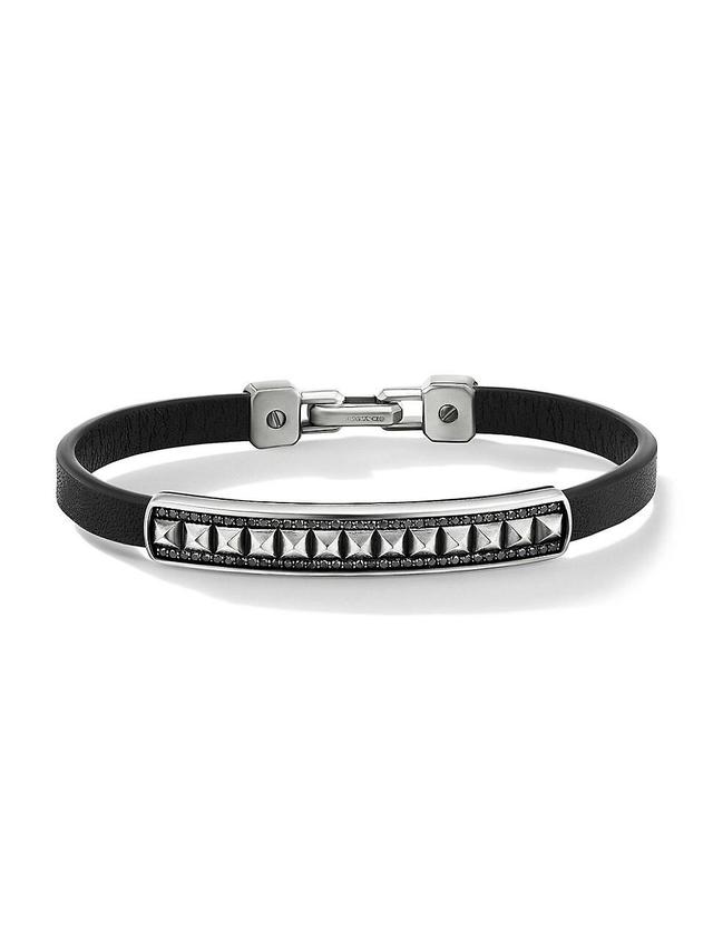 Mens Pyramid Sterling Silver & Pave Black Diamond Black Leather ID Bracelet Product Image