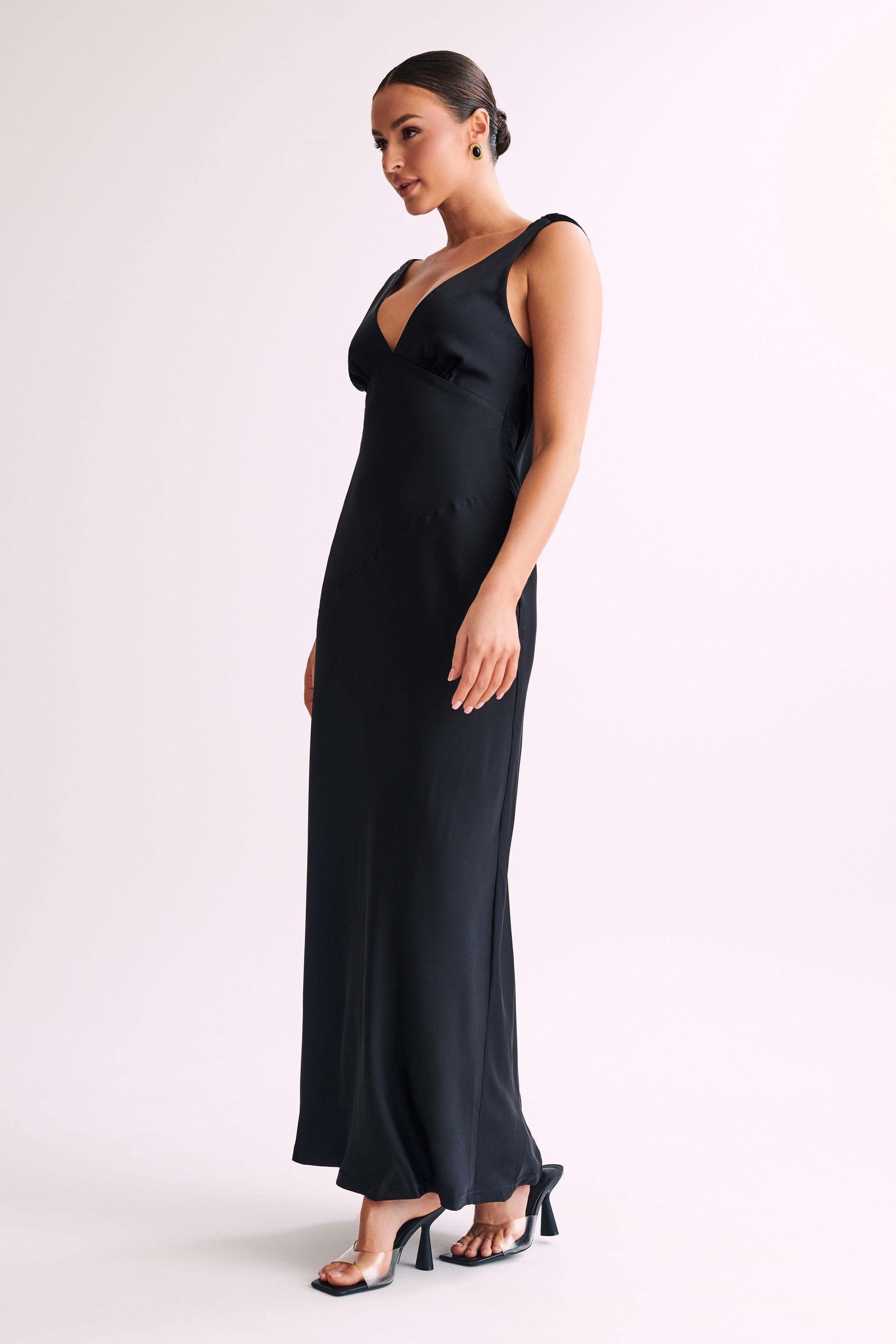 Nadia Maxi Satin Dress With Back Cowl - Black Product Image