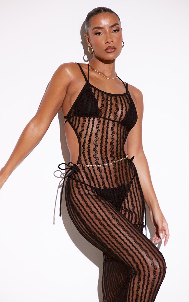 Black Crochet Netted Halterneck Side Split Beach Dress Product Image