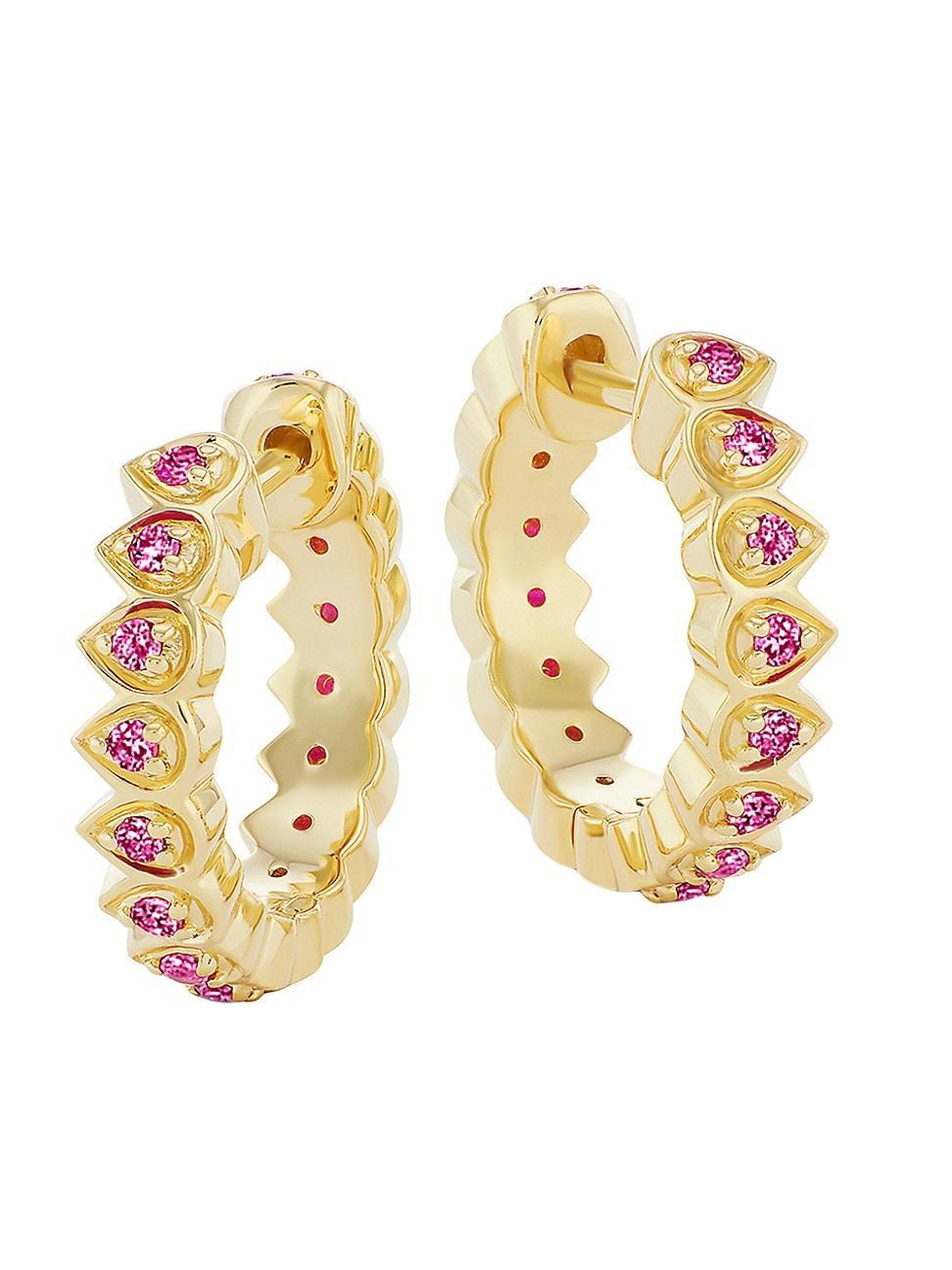 Womens Mandala Petal 18K Yellow Gold & Pink Sapphire Huggie Hoop Earrings Product Image