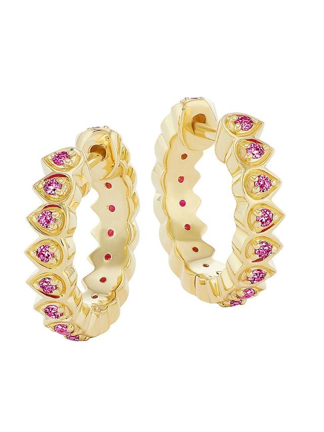 Womens Mandala Petal 18K Yellow Gold & Pink Sapphire Huggie Hoop Earrings Product Image