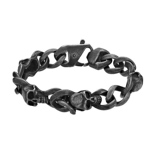 Mens LYNX Stainless Steel Antiqued Skull Bracelet Black Product Image