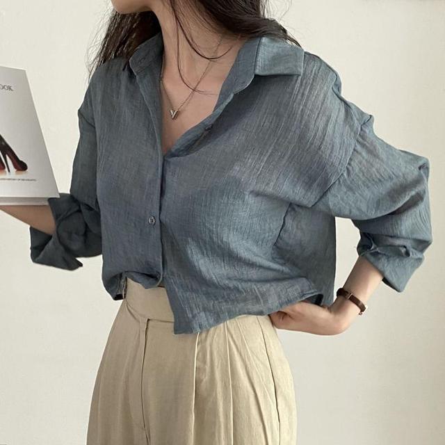 Long-Sleeve Collared Plain Shirt Product Image