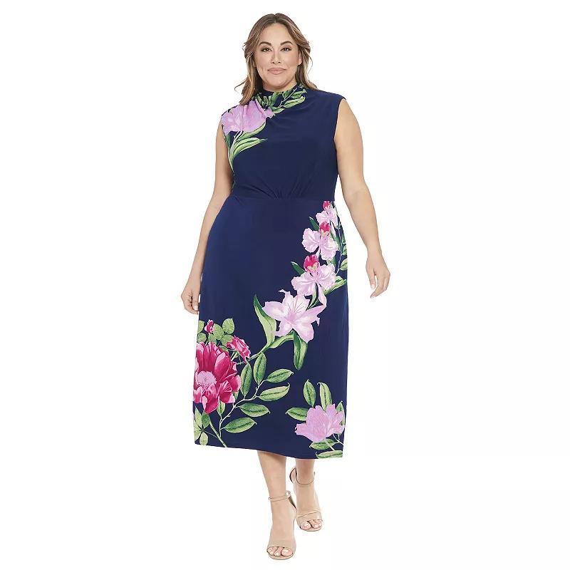 Plus Size London Times Ruched Waist Maxi Dress, Womens Blue Pink Product Image