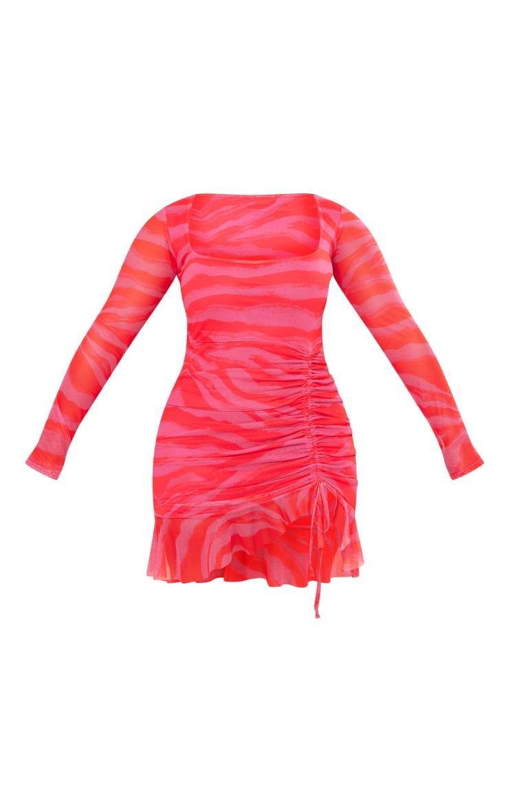 Shape Pink Animal Print Mesh Long Sleeve Ruched Side Frill Hem Bodycon Dress Product Image