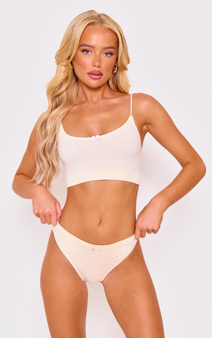 Cream Bow Detail Bralette And Thong Lingerie Set Product Image