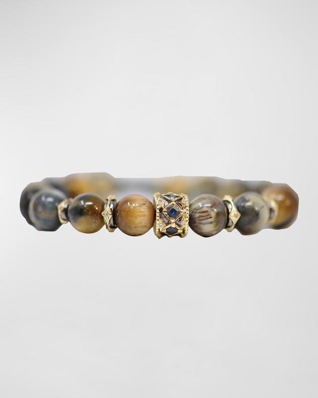 Mens Old World Tigers Eye Beaded Bracelet with Diamonds and Sapphires Product Image