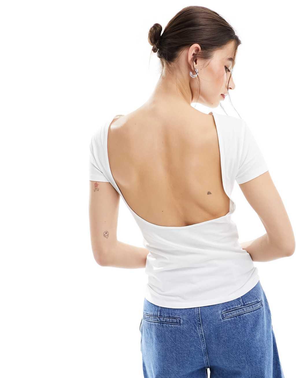 Monki top with short sleeves and low back in white product image