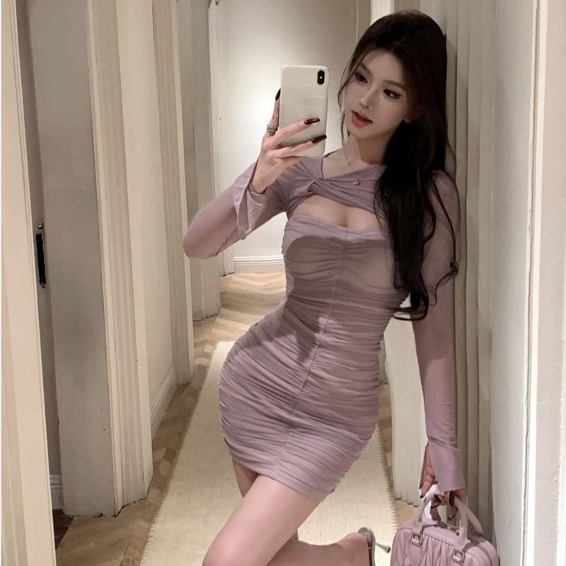 Mock Two-Piece Long-Sleeve Asymmetrical Neck Plain Cutout Ruched Mini Sheath Dress Product Image