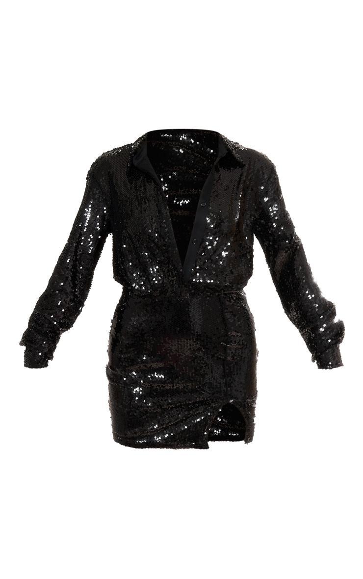 Black Sequin Fitted Shirt Dress Product Image