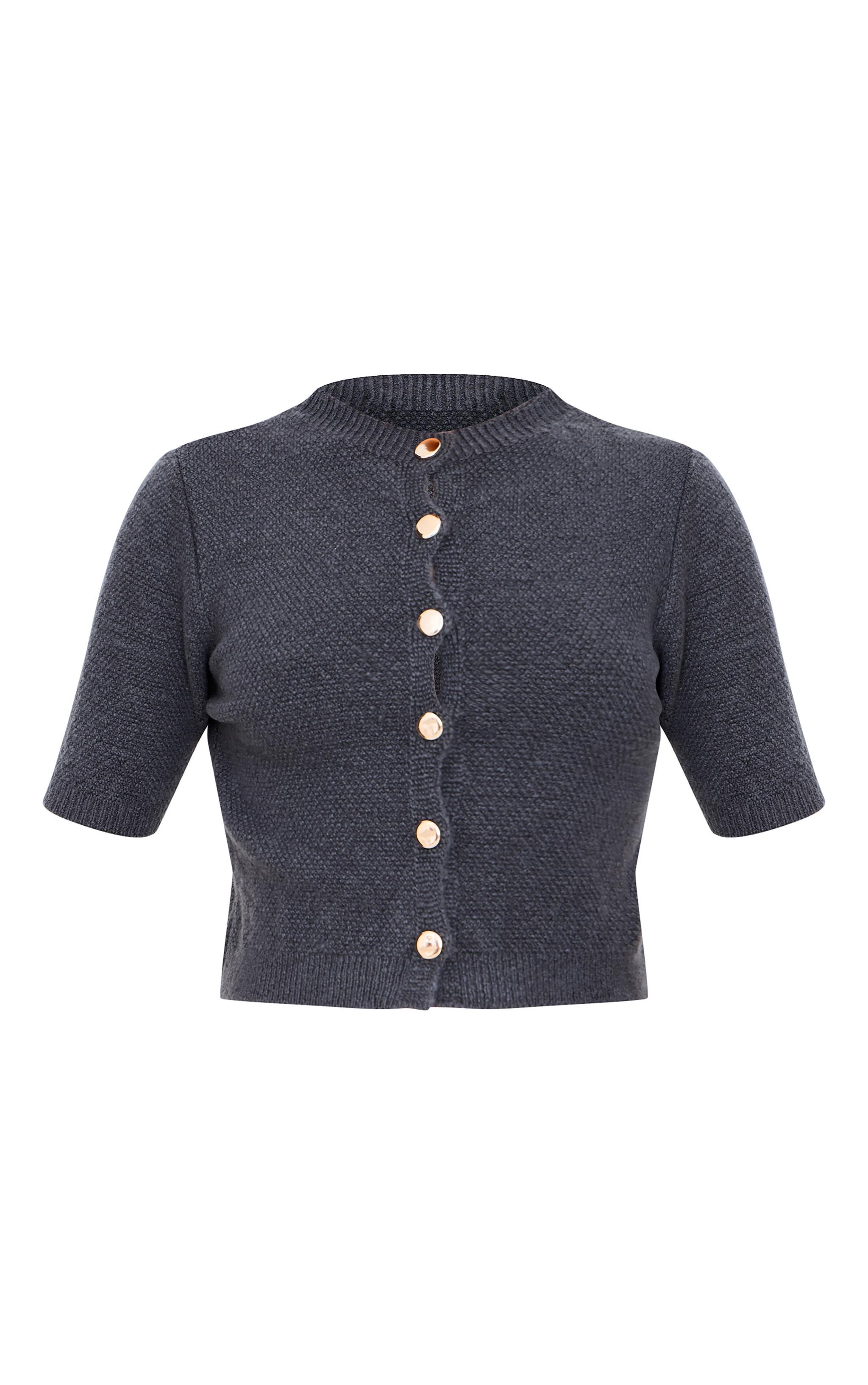 Charcoal Button Up Cap Sleeve Boucle Knit Cardigan Product Image