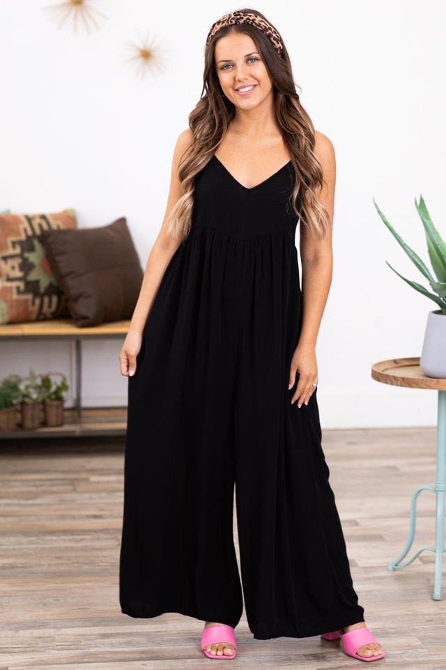 Black Wide Leg V-Neck Jumpsuit Product Image