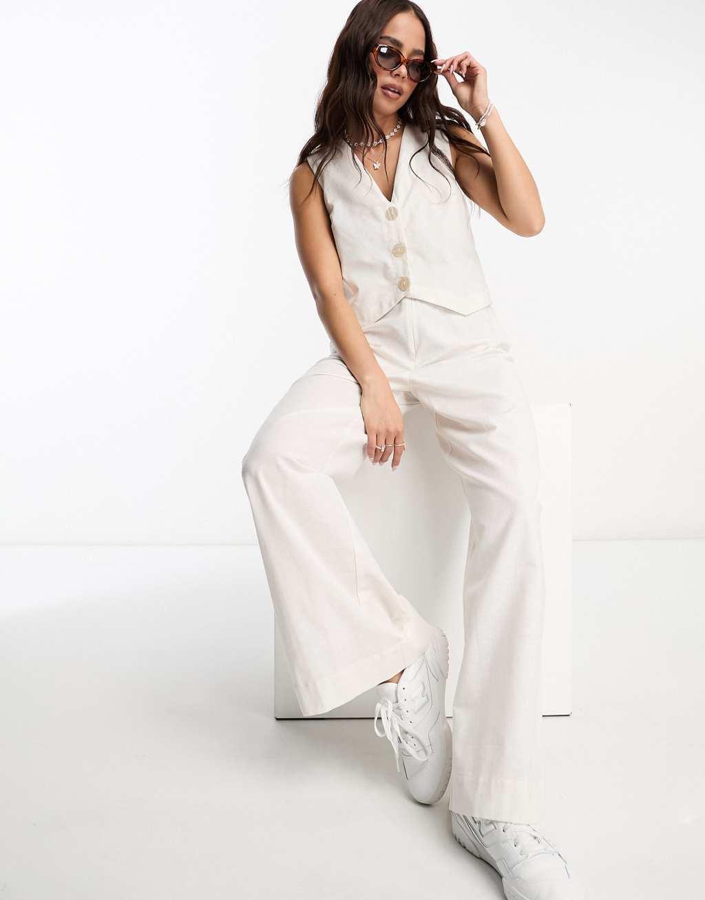 ASOS DESIGN 2 in 1 linen look vest jumpsuit in brown Product Image