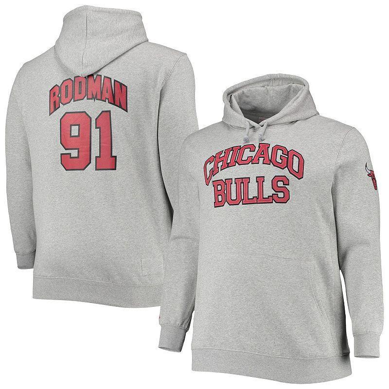 Mens Mitchell & Ness Dennis Rodman Heathered Gray Chicago Bulls Big and Tall Name and Number Pullover Hoodie Product Image