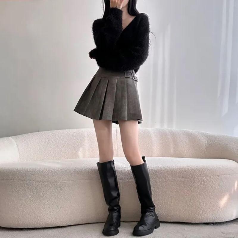 High Waist Plain Pleated Buckled Faux Leather Mini A-Line Skirt Product Image