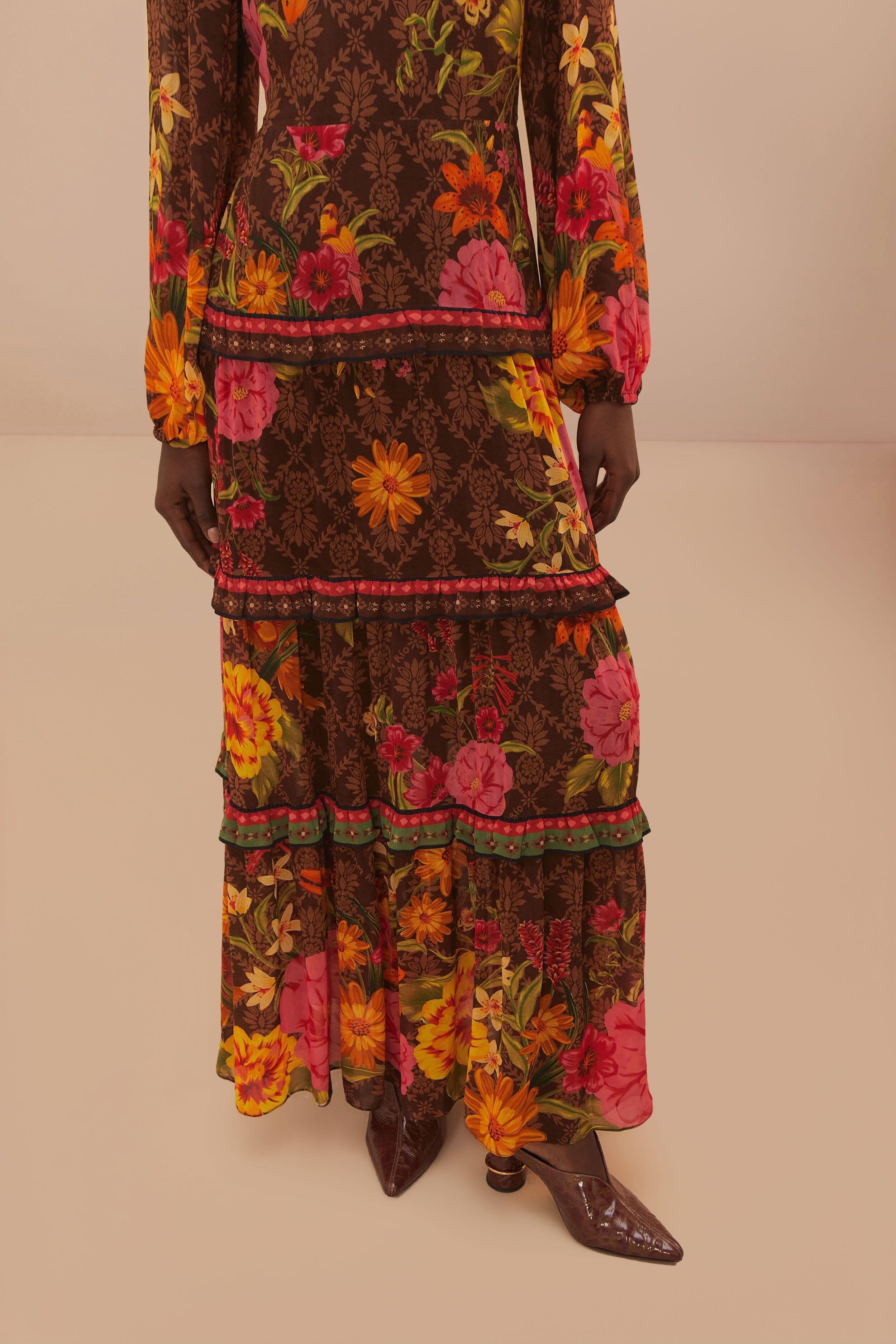 Brown Charming Garden Long Sleeve Maxi Dress Product Image