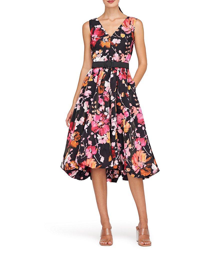 Kay Unger Viola Floral Print Organza V-Neck Sleeveless Belted High Low Bubble Hem Dress Product Image