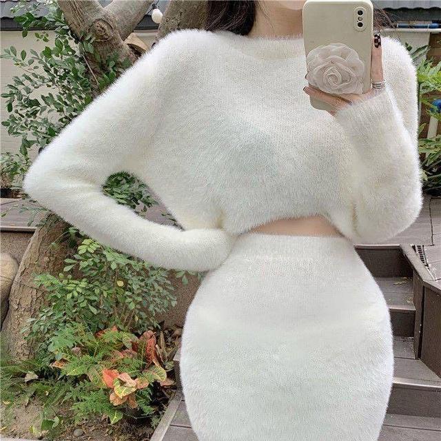 Set: Round Neck Plain Crop Sweater + High Waist Knit Mini Pencil Skirt Product Image