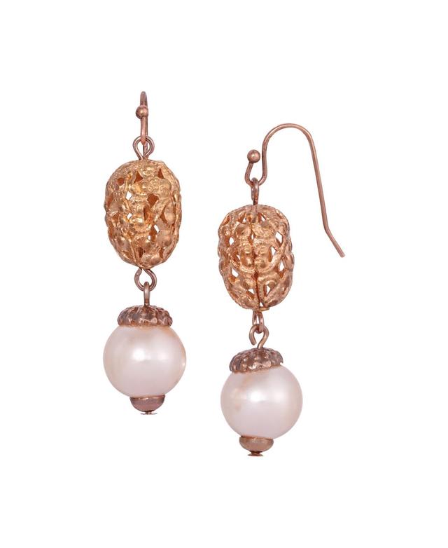 1928 Rose Gold Tone Filigree Faux Pearl Drop Earrings, Womens, White Product Image