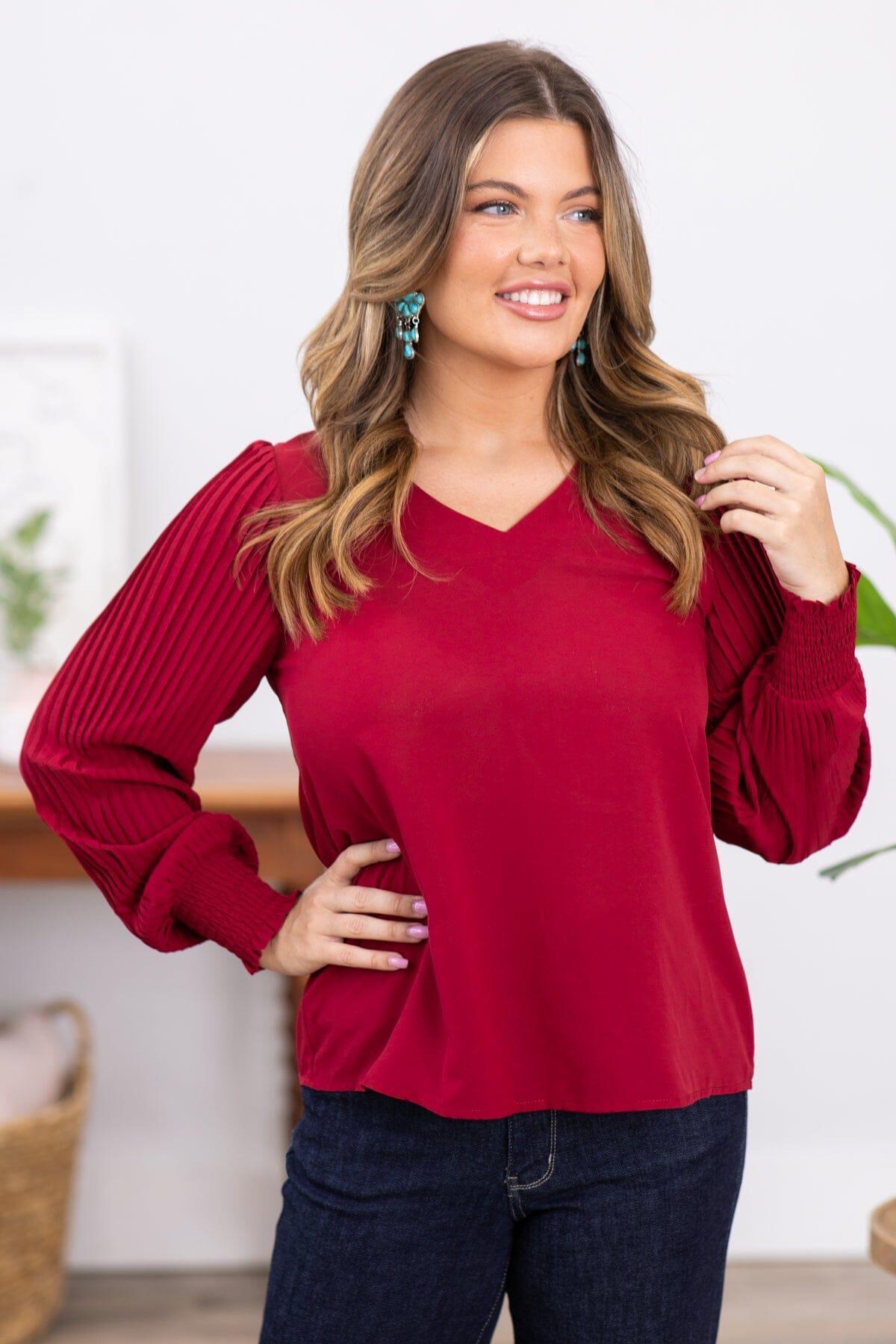 Wine V-Neck Top With Pleated Sleeves Product Image