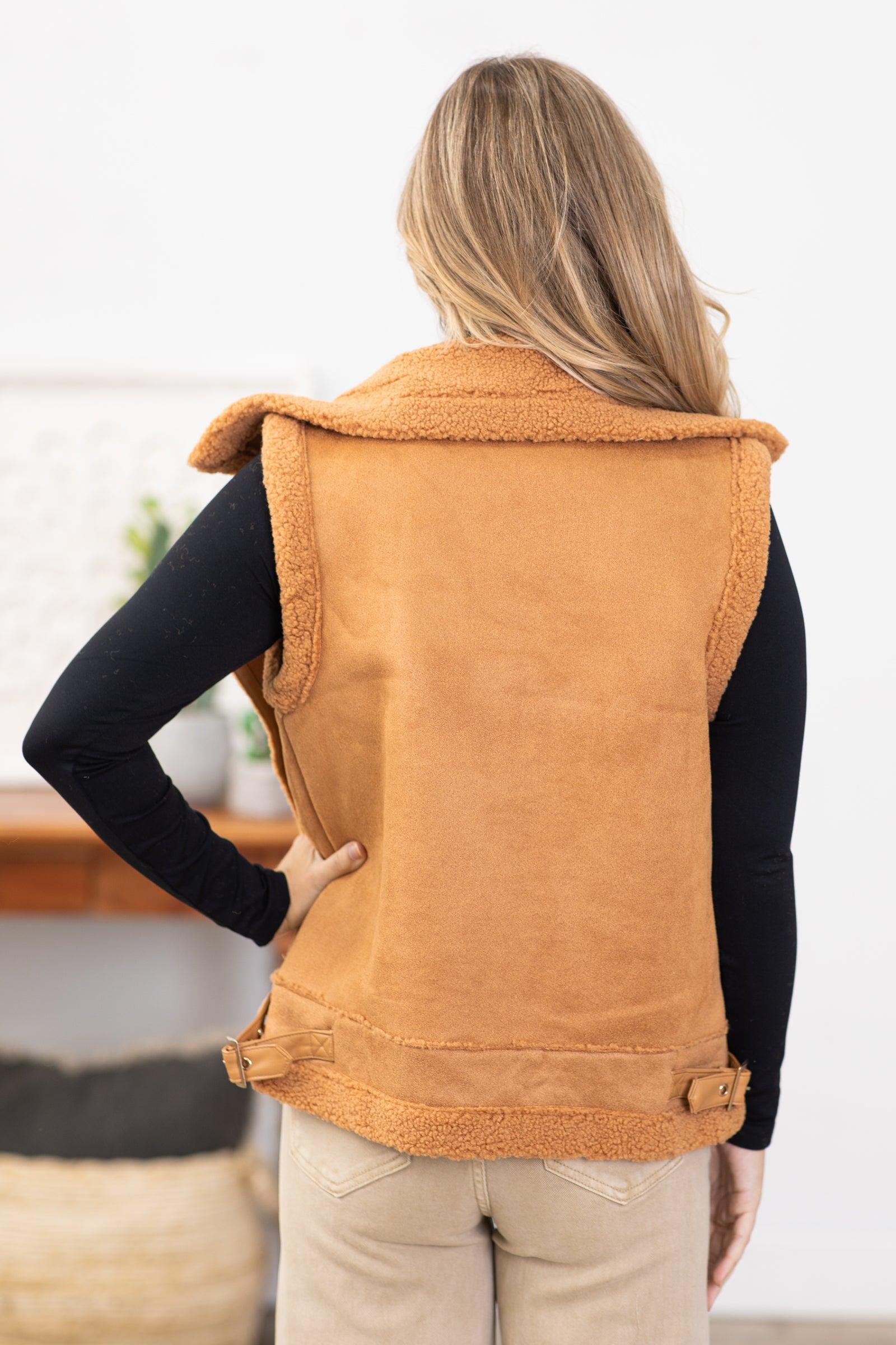 Camel Faux Suede Sherpa Lined Vest Product Image