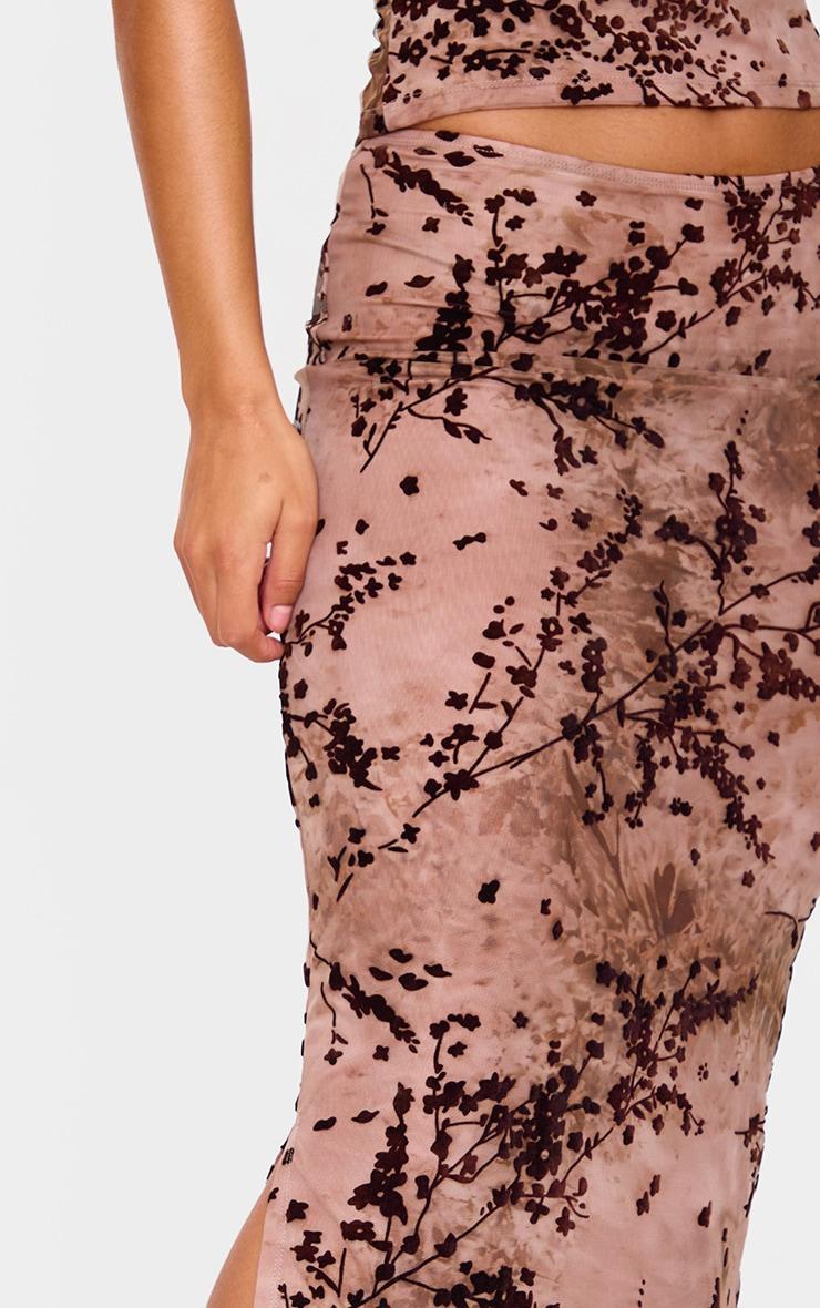 Mauve Floral Print Devore Mesh Ruched Maxi Skirt Product Image