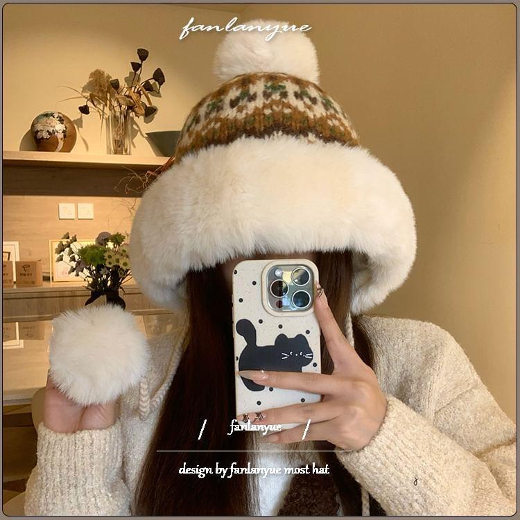 Patterned Faux Fur Knit Hat Product Image