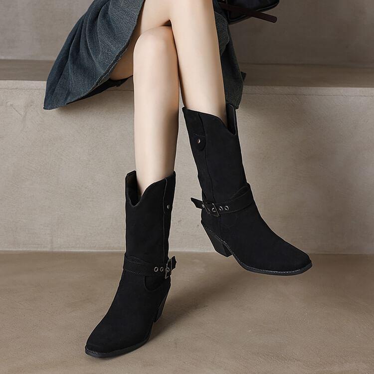 Chunky Heel Plain Buckled Faux Suede Short Boots product image