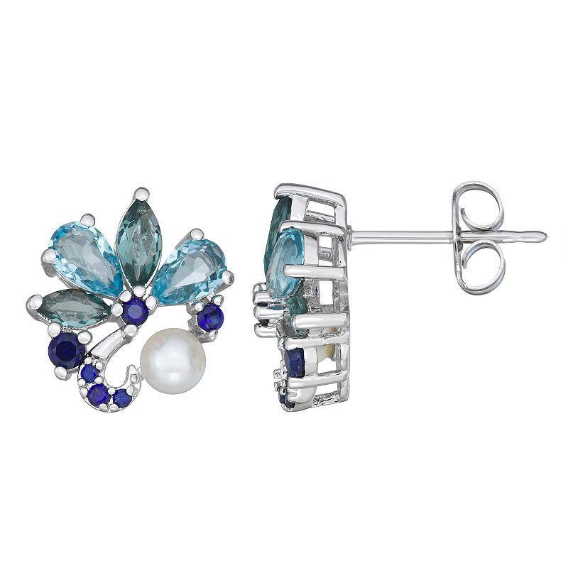 Sterling Silver Freshwater Cultured pearl Blue Topas & Lab Created Sapphire Cluster Earrings, Womens Product Image