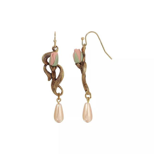 1928 Gold Tone Simulated Pink Pearl Rose Drop Earrings, Womens Product Image