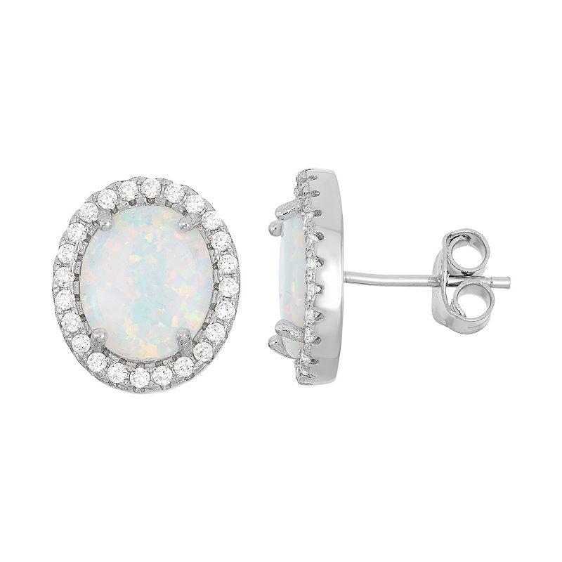 Lab-Created Opal & Cubic Zirconia Sterling Silver Oval Halo Stud Earrings, Womens, White Product Image