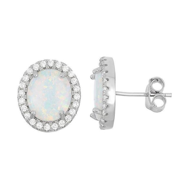 Lab-Created Opal & Cubic Zirconia Sterling Silver Oval Halo Stud Earrings, Womens, White Product Image