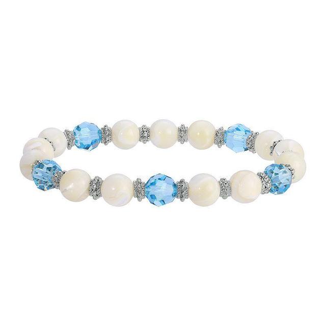 1928 Silver Tone Simulated Mother Of Pearl With Aqua Stone Stretch Bracelet, Womens, White Product Image