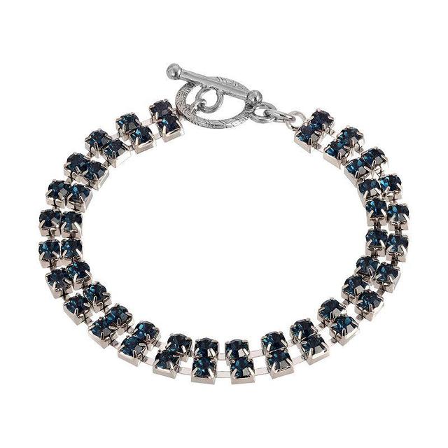 1928 Silver Tone Dark Blue 2 Row Rhinestone Toggle Bracelet, Womens Product Image