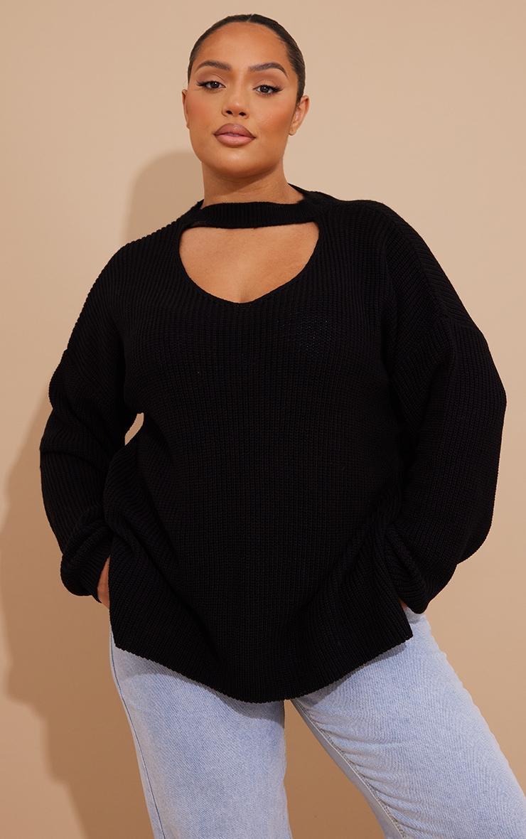 Plus Black Knitted V Neck Cut Out Sweater Product Image