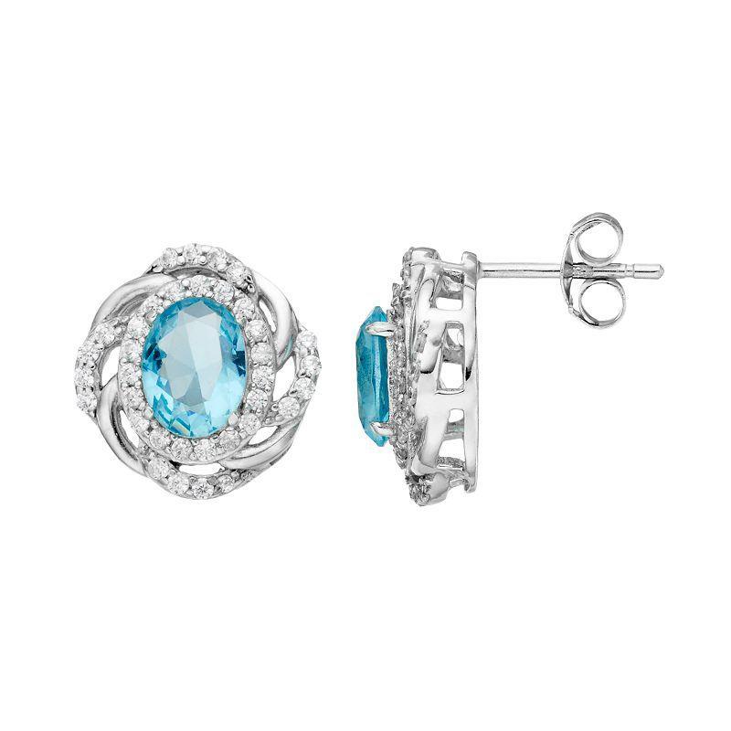 Sophie Miller Sterling Silver Simulated Aquamarine & Cubic Zirconia Oval Stud Earrings, Womens, Blue Product Image