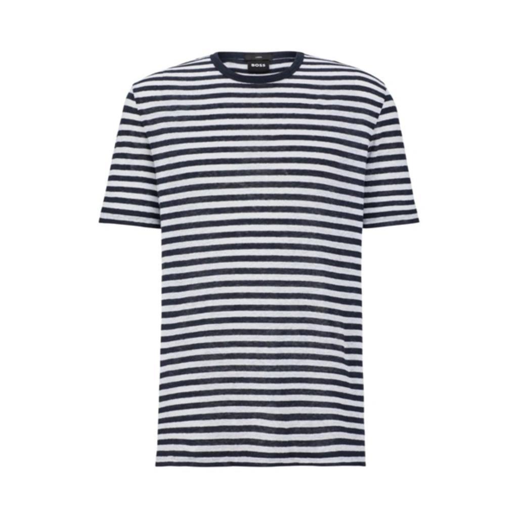 Pure-linen Regular-fit T-shirt With Horizontal Stripe In Blue Product Image