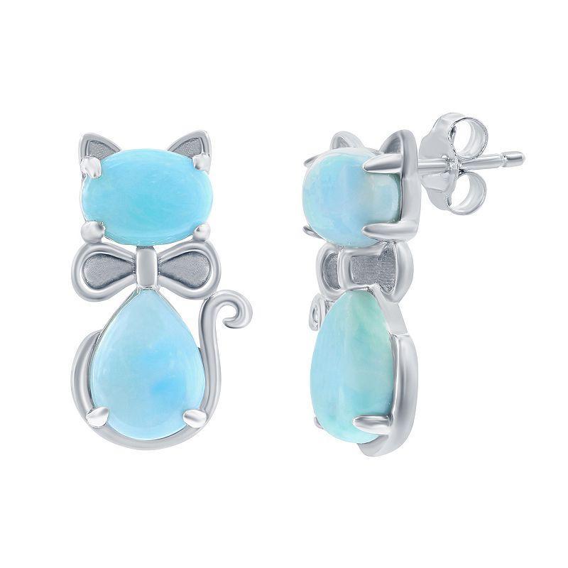 Sterling Silver Genuine Larimar Cat Stud Earrings, Womens Product Image