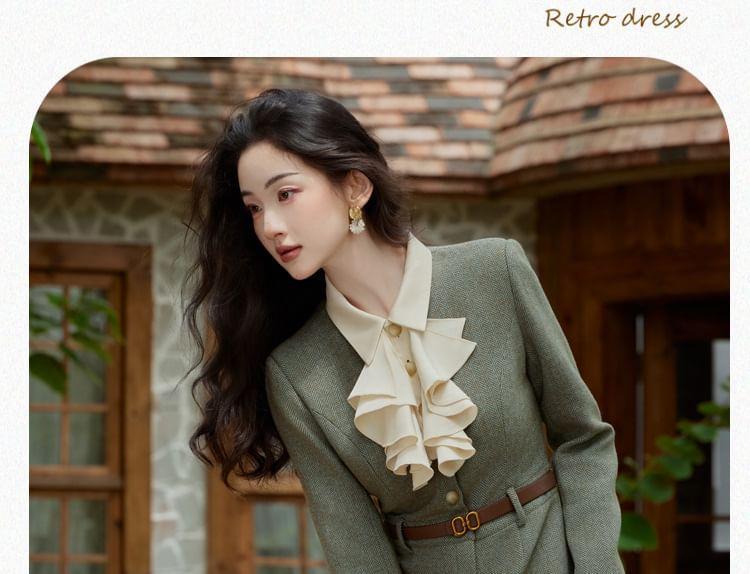 Long Sleeve Collared Ruffle Two Tone Midi Mermaid Dress Product Image