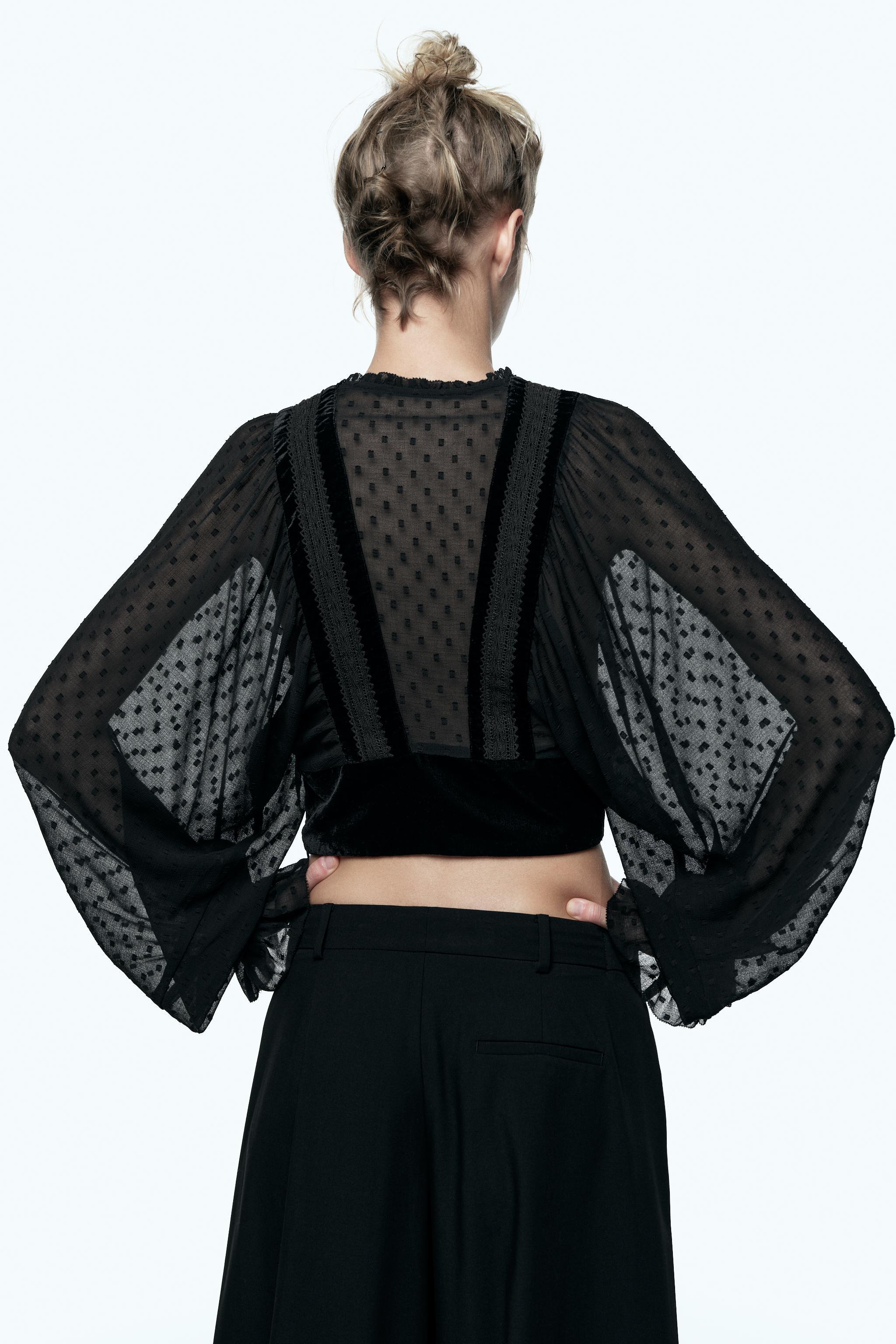 COMBINATION DOTTED MESH CROPPED BLOUSE Product Image