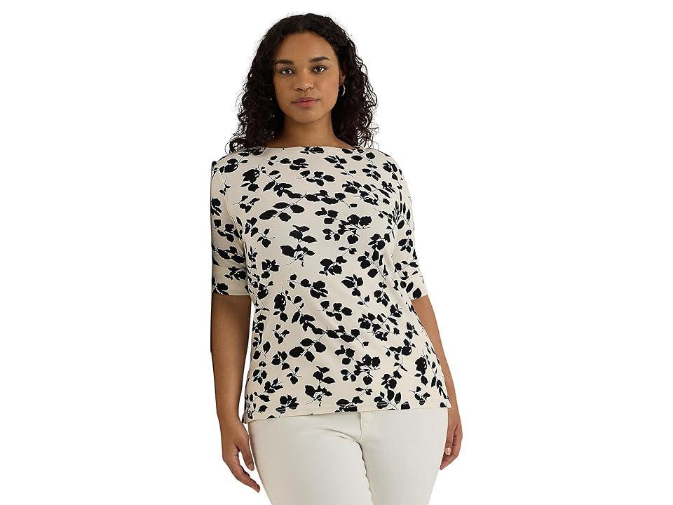 LAUREN Ralph Lauren Plus-Size Leaf-Print Stretch Cotton Boatneck Tee (Cream/Black) Women's Clothing Product Image