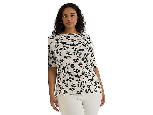 Lauren Ralph Lauren Plus-Size Leaf-Print Stretch Cotton Boatneck Tee (Cream/Black) Women's Clothing Product Image