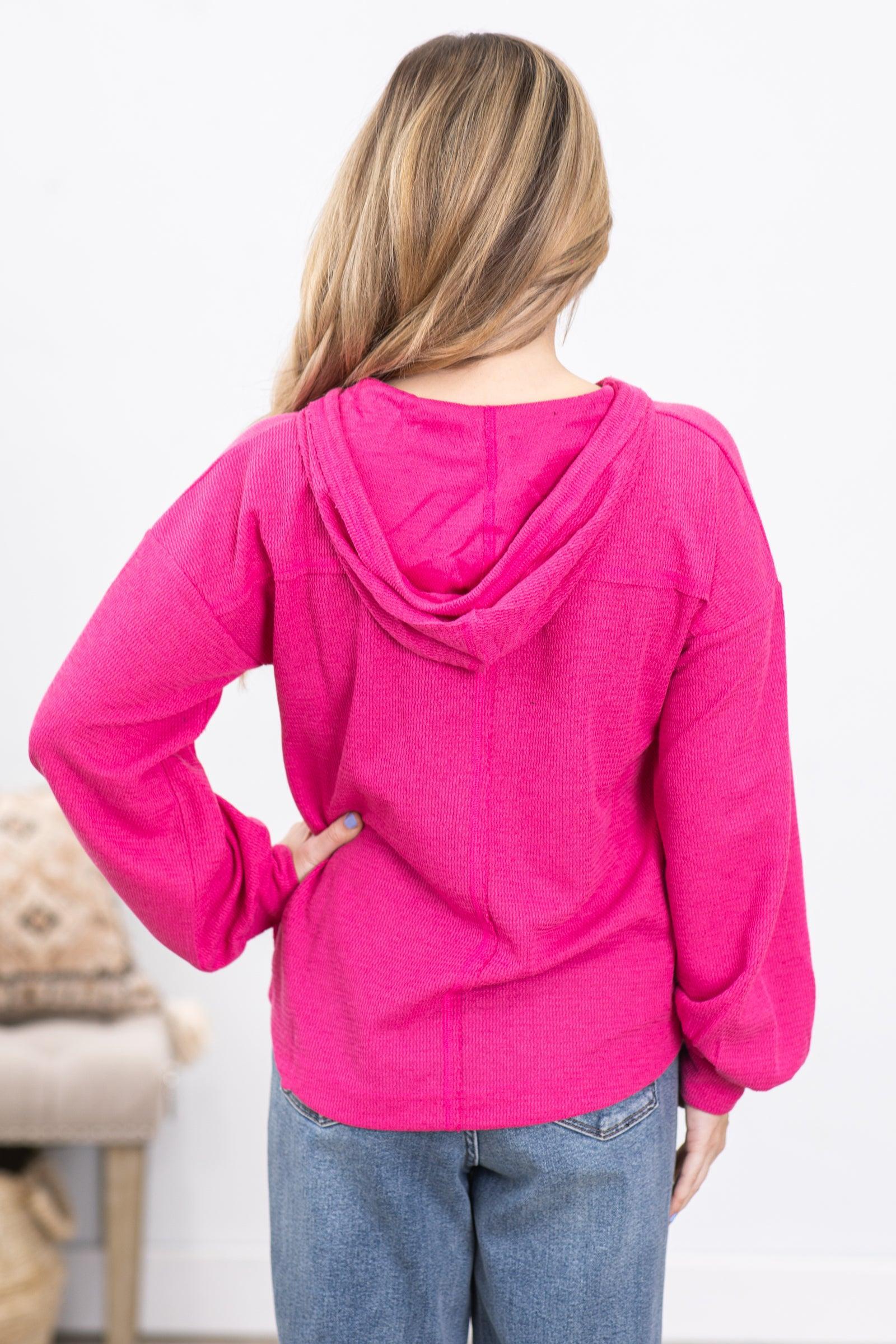 Hot Pink V-Neck Hoodie Knit Top Product Image