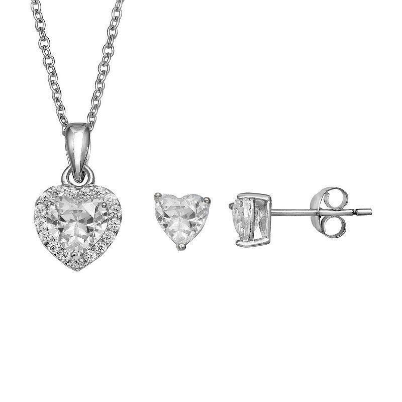 PRIMROSE Sterling Silver Cubic Zirconia Heart Stud Earrings & Heart Pendant Necklace Set, Womens Sterling And Clear Product Image