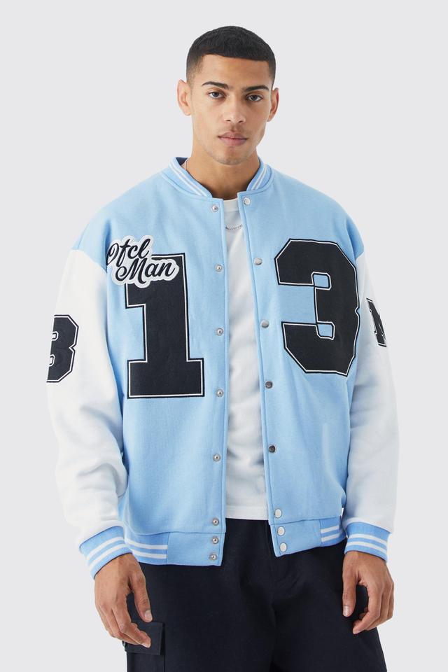 Mens Blue Oversized Badge Jersey Varsity Bomber Jacket, Blue Product Image