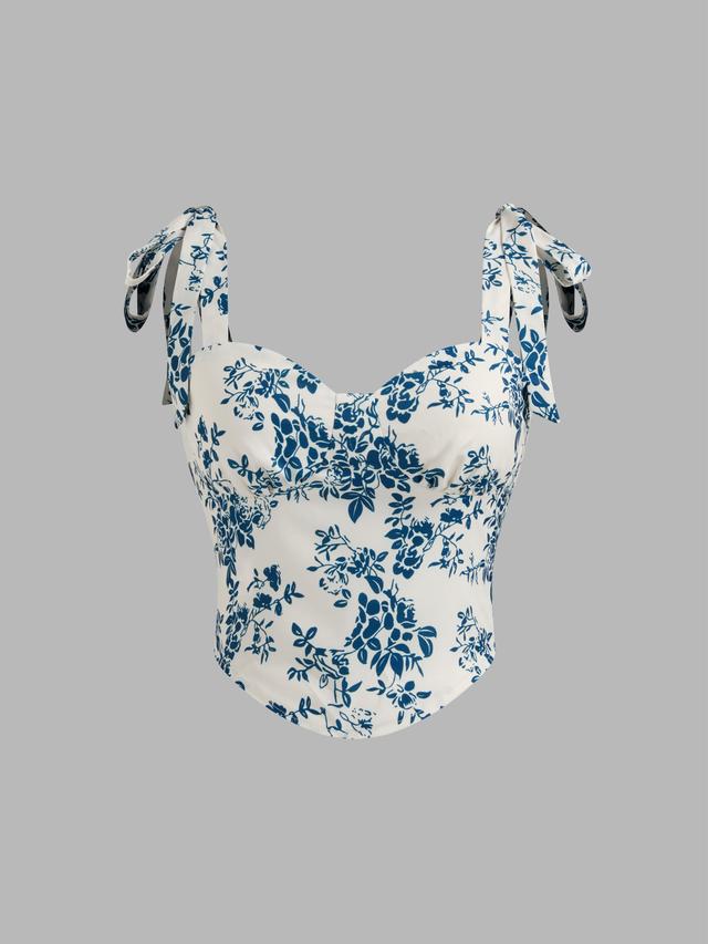 Sweetheart Floral Knotted Shirred Crop Tank Top Product Image