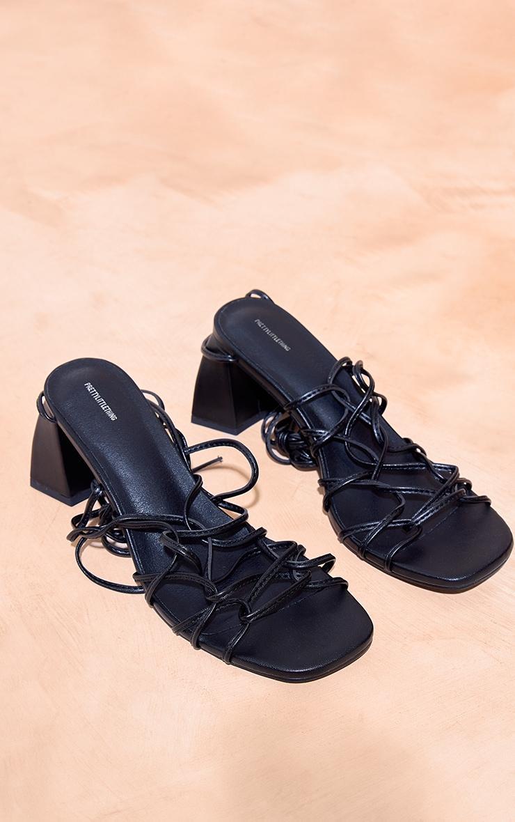 Black PU Round Toe Lace Up Strappy Block Heeled Sandals product image