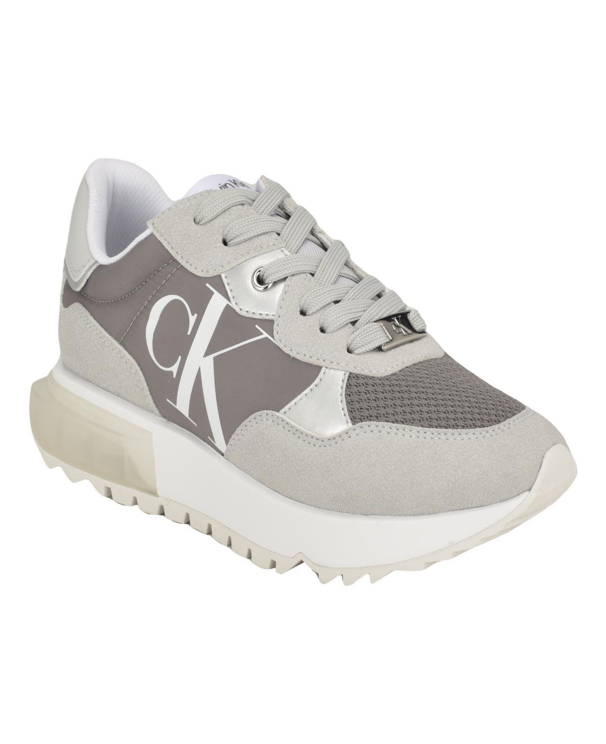 Calvin Klein Womens Magalee Casual Logo Lace-Up Sneakers - Light Gray- Manmade Product Image