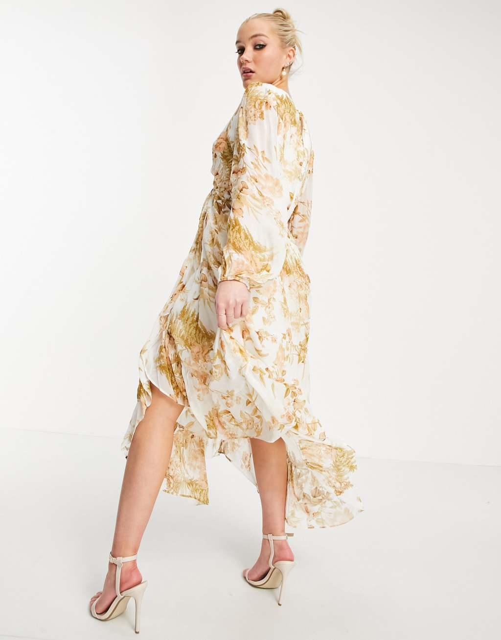 Ever New ruffle wrap midi dress in ivory and gold floral Product Image